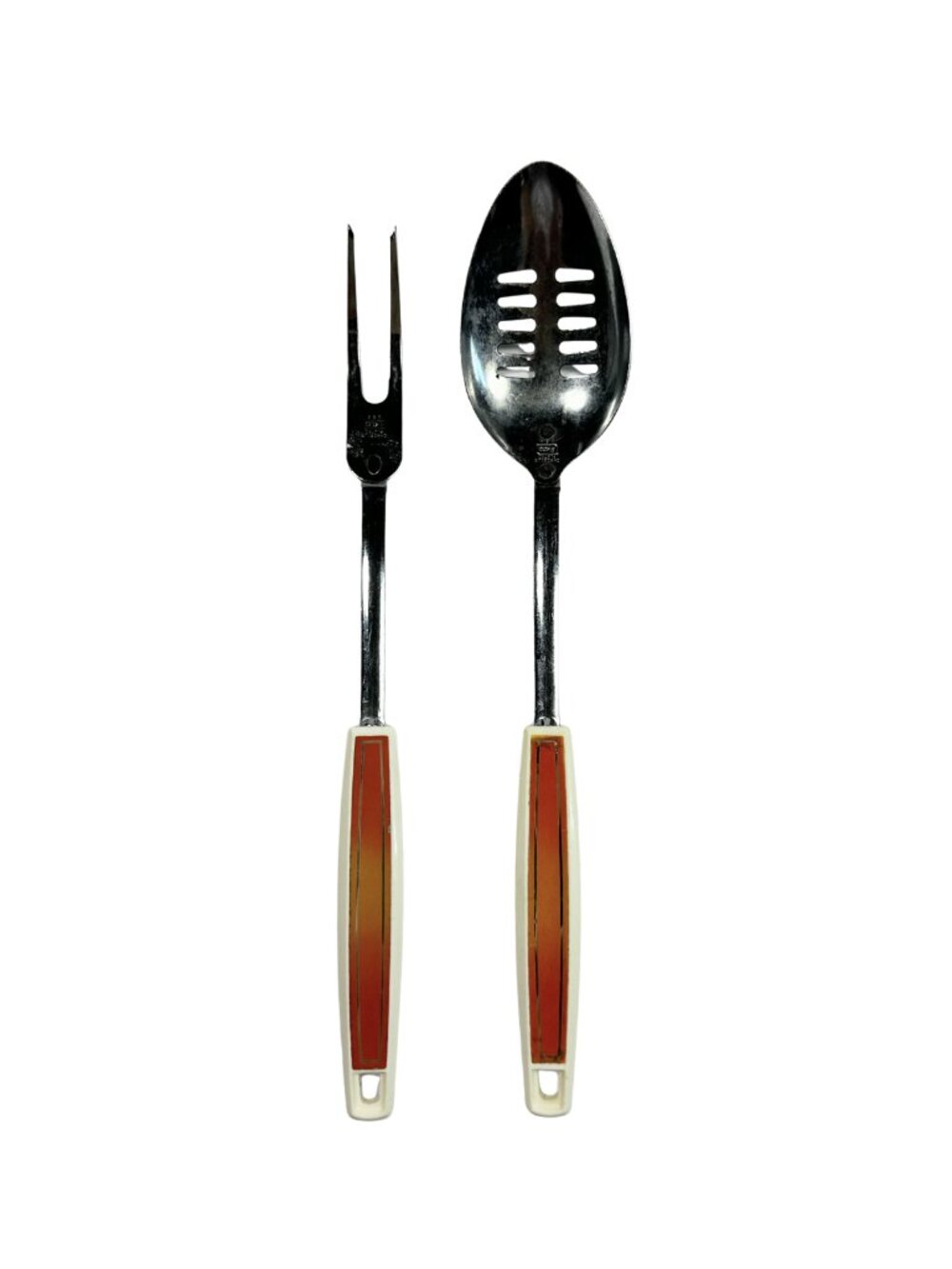 EKCO Chromium Plated Utensil Set Of Two Fork & Slotted Spoon Orange Handles